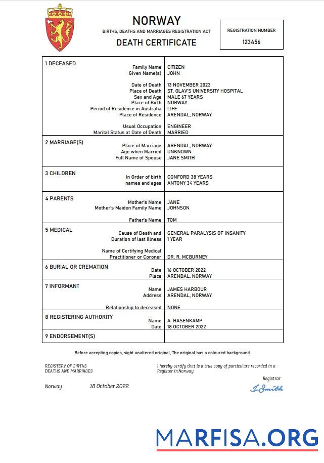 Downloadable Norway vital record death certificate Word and PDF template